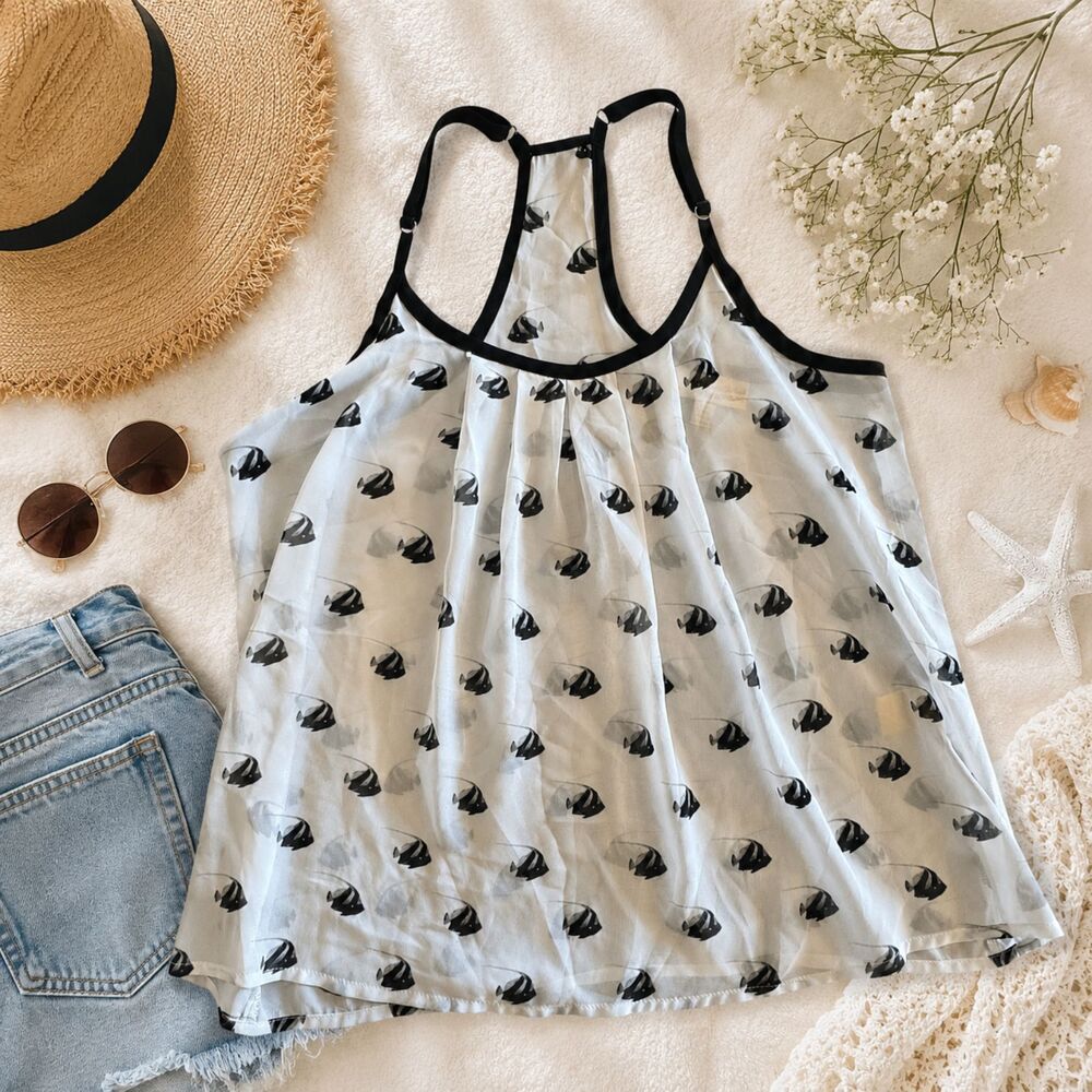Princess Vera Wang Sheer Fish Print Tank Top White Black Angelfish Cami Small